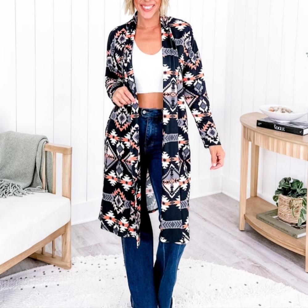 Aztec long sleeve open cardigan with pockets